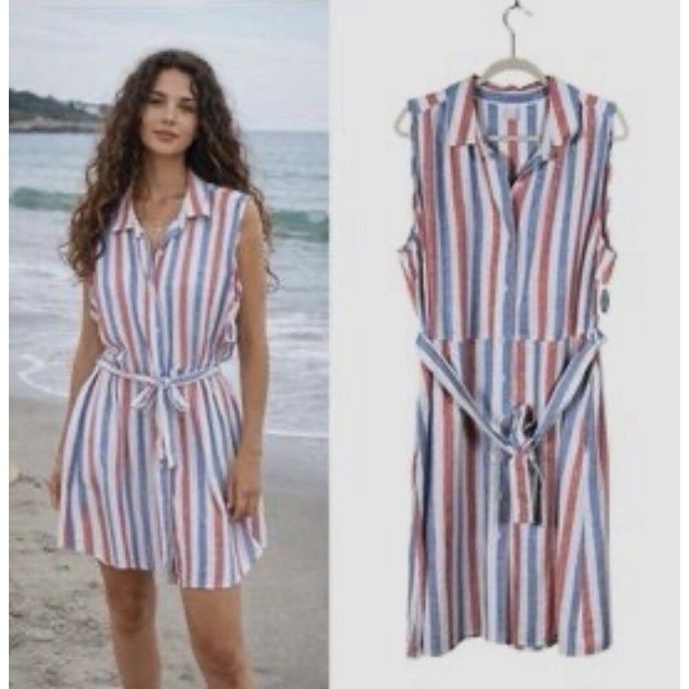 Old Navy Shirt Dress Women’s Small Linen Blend Stripe Beach 4th July Belted NWT - Picture 2 of 7